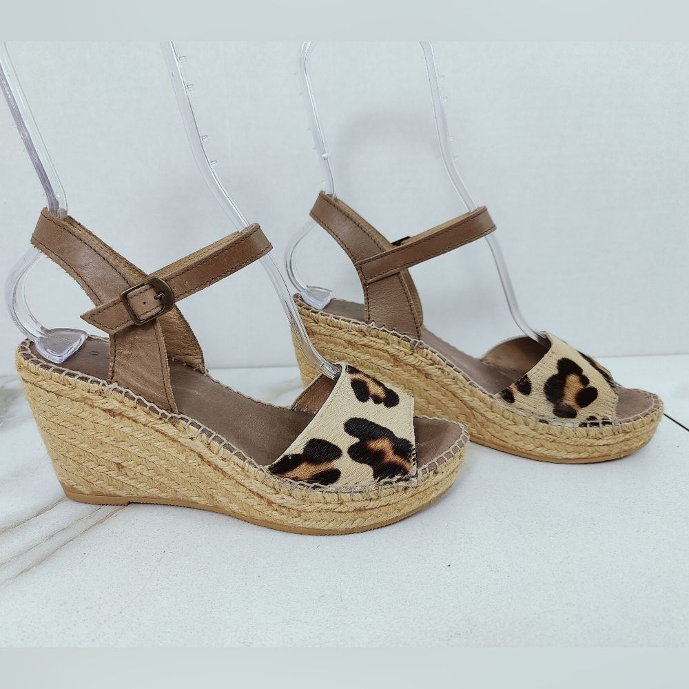 Foxter Spain Cow Hair Leopard Espadrille Platform Wedge Slingback Sandals, 7.5 - Picture 1 of 16